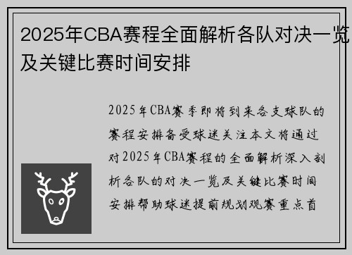 2025年CBA赛程全面解析各队对决一览及关键比赛时间安排